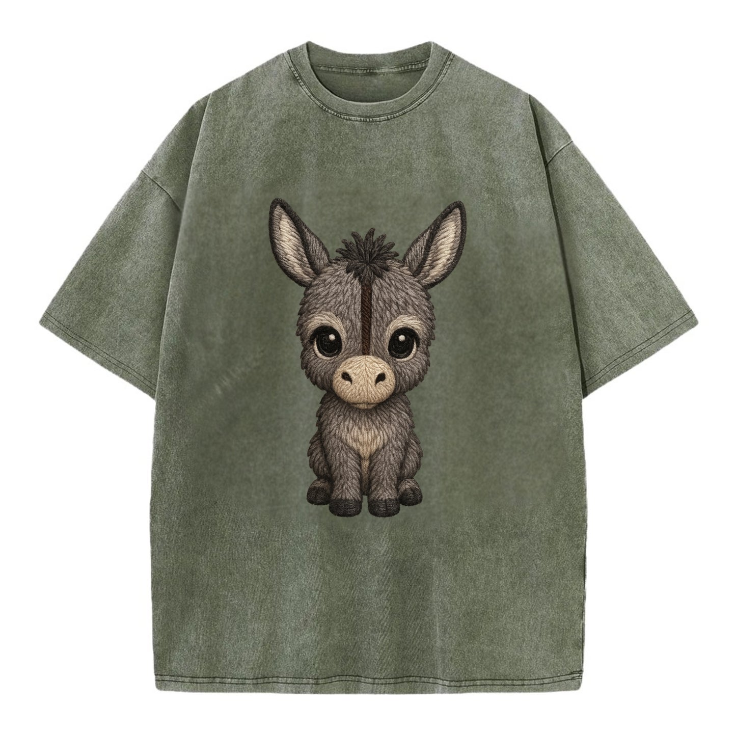 Baby Donkey Foal - gray fluffy, long ears, dark stripe, gentle eyes, - Vintage T-shirt - Army Green