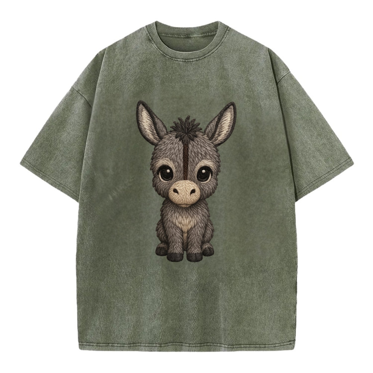 Baby Donkey Foal - gray fluffy, long ears, dark stripe, gentle eyes, - Vintage T-shirt - Army Green
