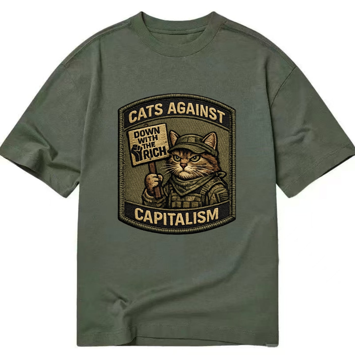 CATS AGAINST CAPITALISM - cat with protest sign in red , political cat - Classic T-shirt - Army Green