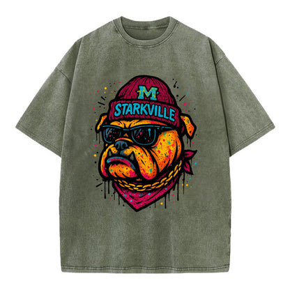 Starkville Bulldog wearing Mississippi State beanie with M patch - Vintage T-shirt - Army Green