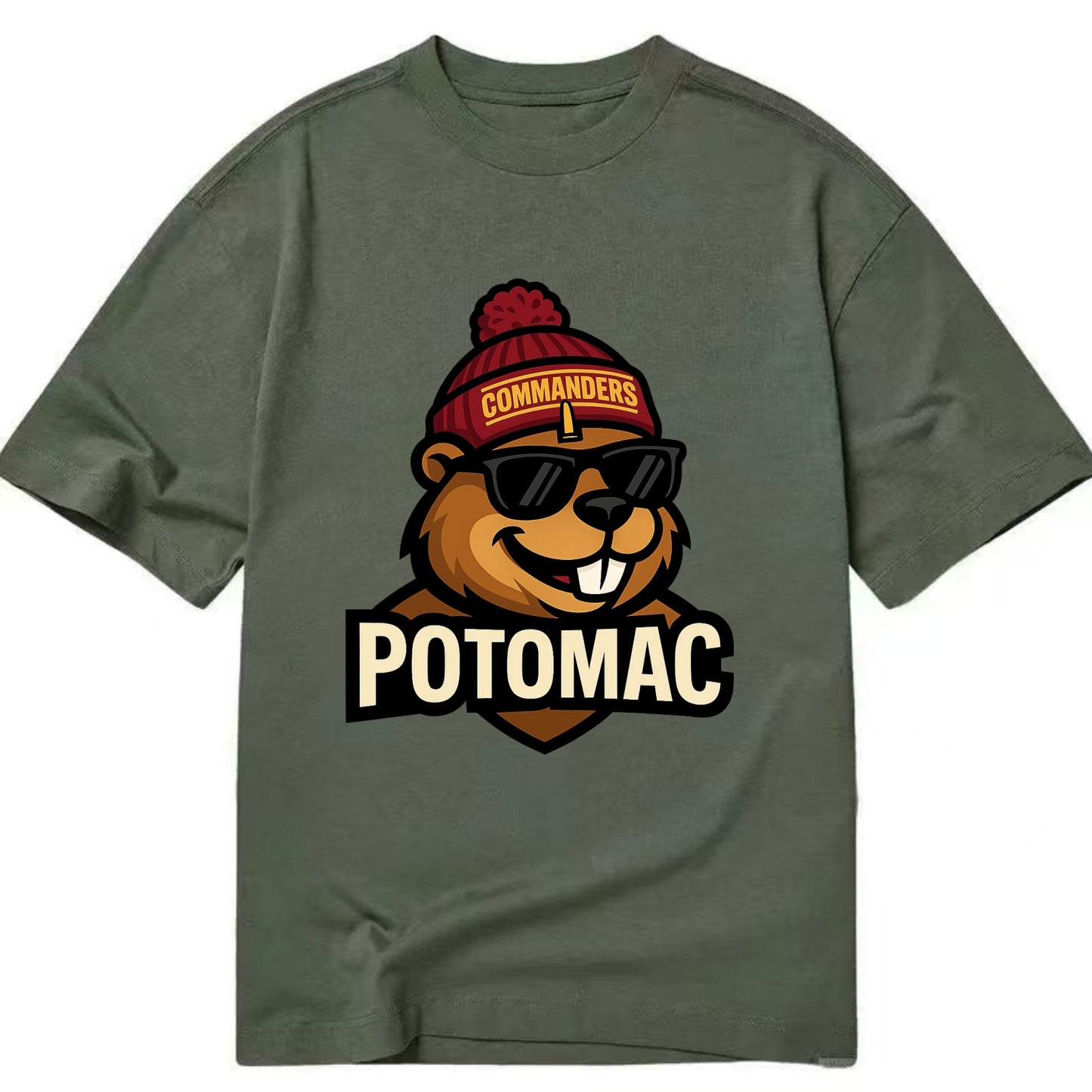 Potomac Beaver wearing Commanders beanie with monument patch and wayfarer - Classic T-shirt - Army Green