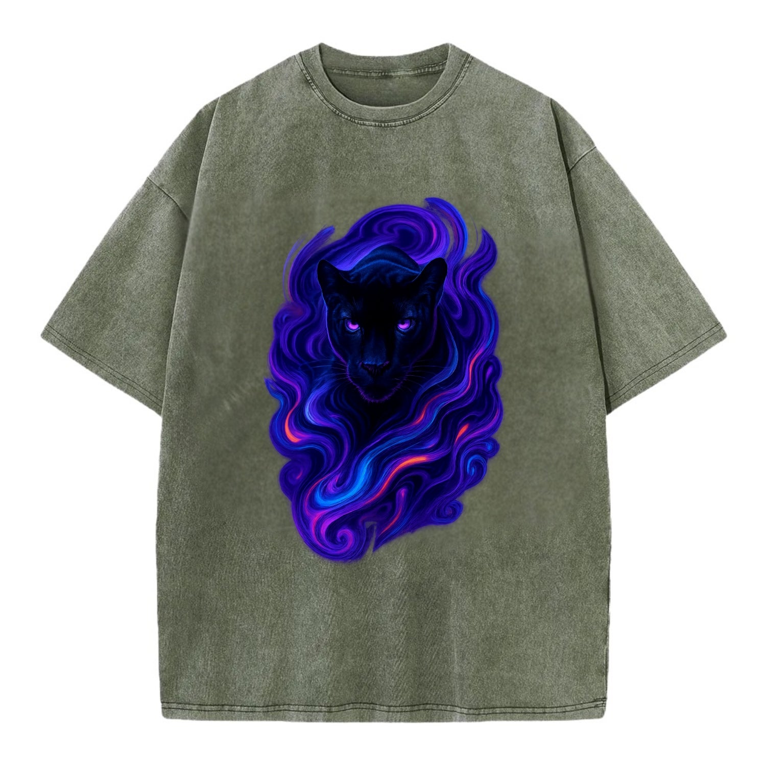 Sleek black panther emerging from swirls of deep purple and electric blue, - Vintage T-shirt - Army Green