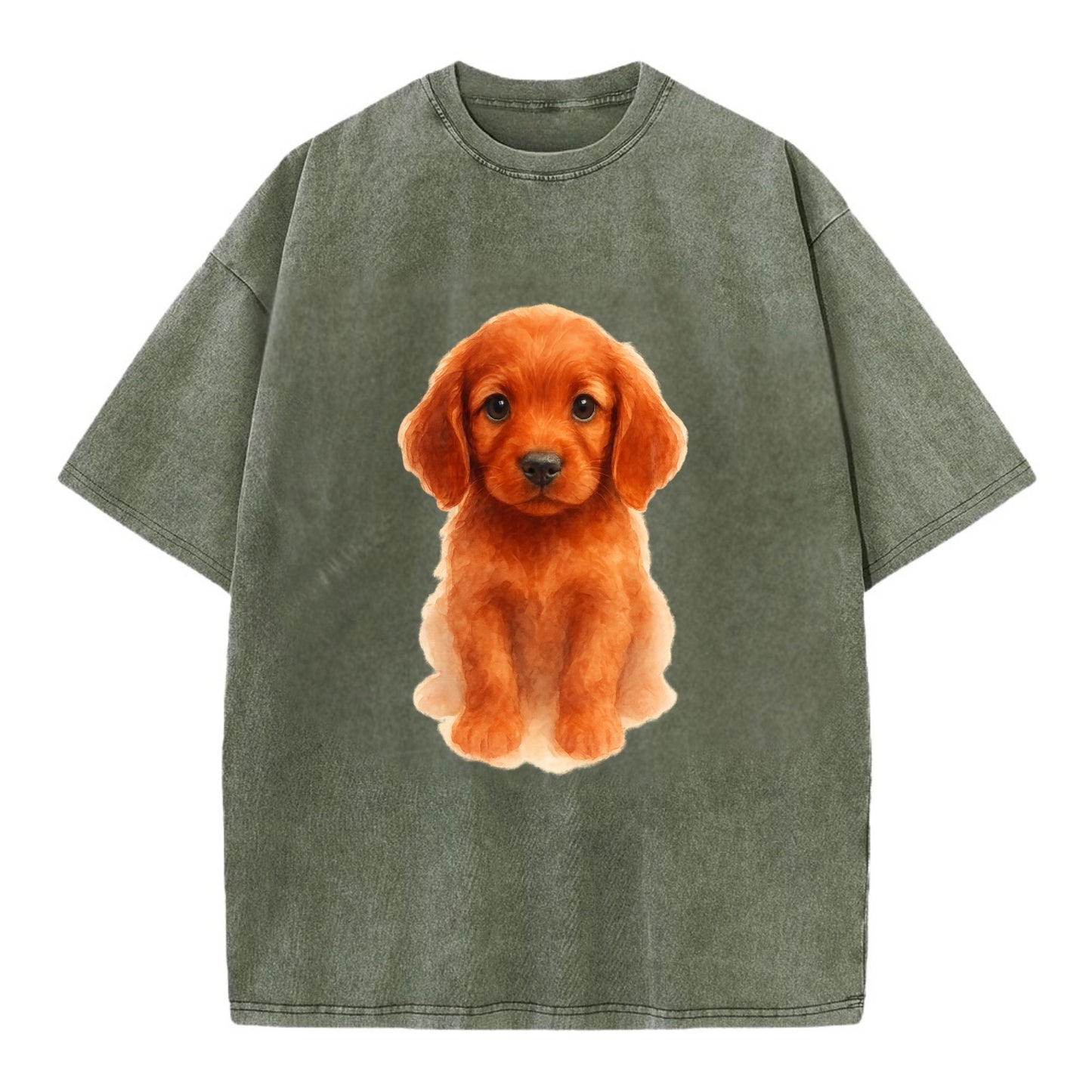 Baby Irish Setter Puppy - mahogany red coat, feathered ears, friendly eyes, - Vintage T-shirt - Army Green