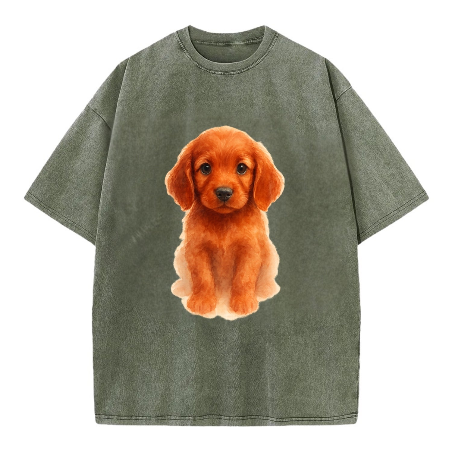 Baby Irish Setter Puppy - mahogany red coat, feathered ears, friendly eyes, - Vintage T-shirt - Army Green