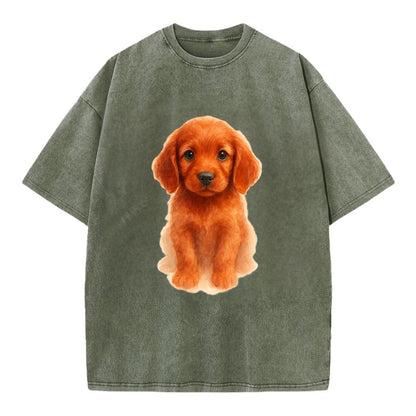 Baby Irish Setter Puppy - mahogany red coat, feathered ears, friendly eyes, - Vintage T-shirt - Army Green