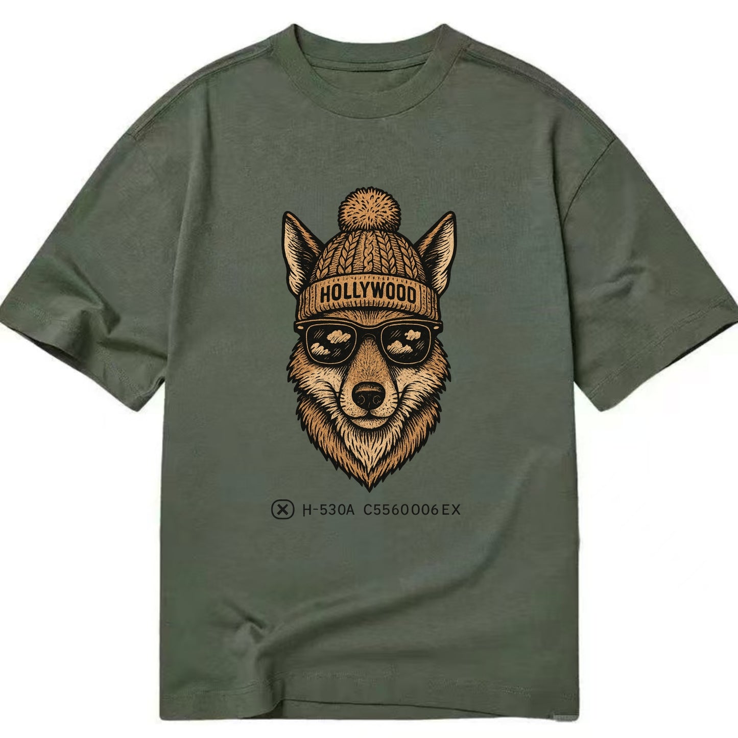 LA Coyote wearing Hollywood beanie with pom pom and wayfarer sunglasses - Classic T-shirt - Army Green