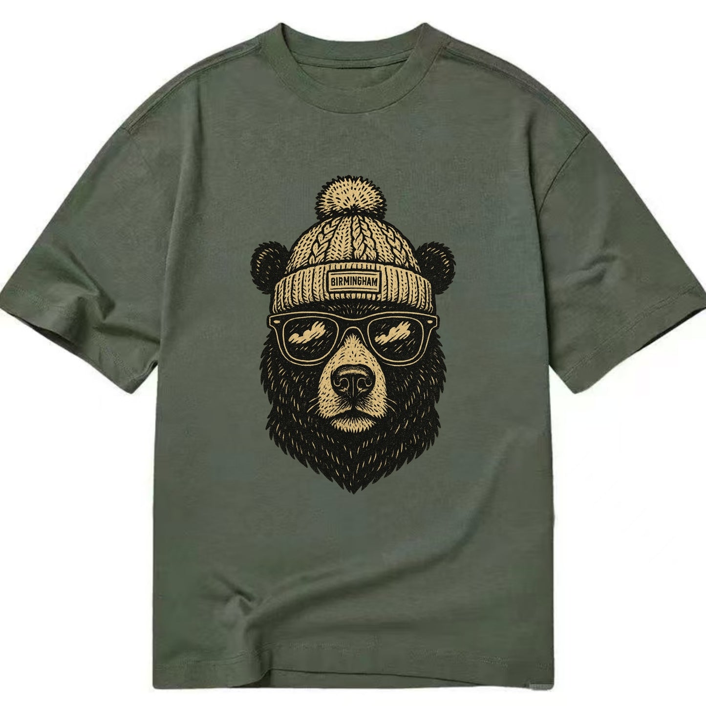 Alabama Black Bear wearing Birmingham beanie with pom pom and wayfarer sunglasses - Classic T-shirt - Army Green