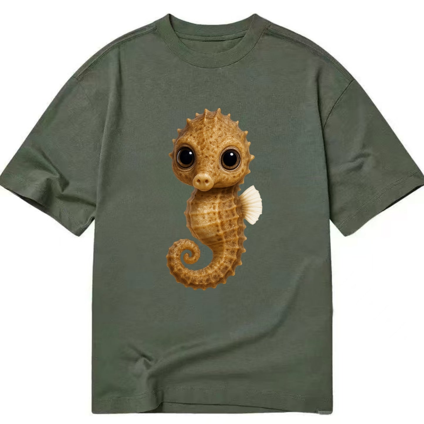 Baby Seahorse - curled tail, snout, large eyes, front-facing, delicate and cute - Classic T-shirt - Army Green