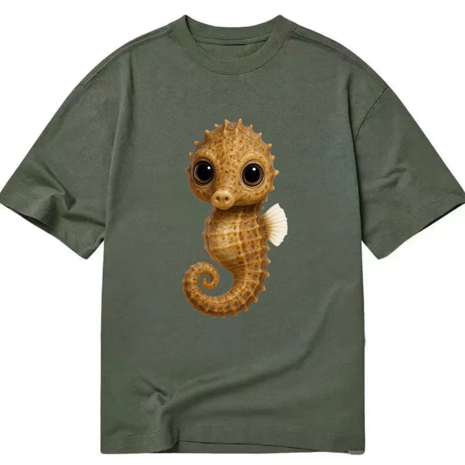 Baby Seahorse - curled tail, snout, large eyes, front-facing, delicate and cute - Classic T-shirt - Army Green