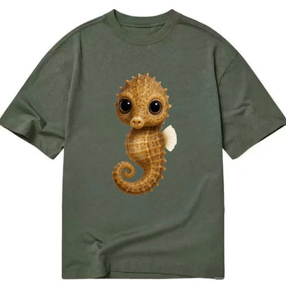 Baby Seahorse - curled tail, snout, large eyes, front-facing, delicate and cute - Classic T-shirt - Army Green