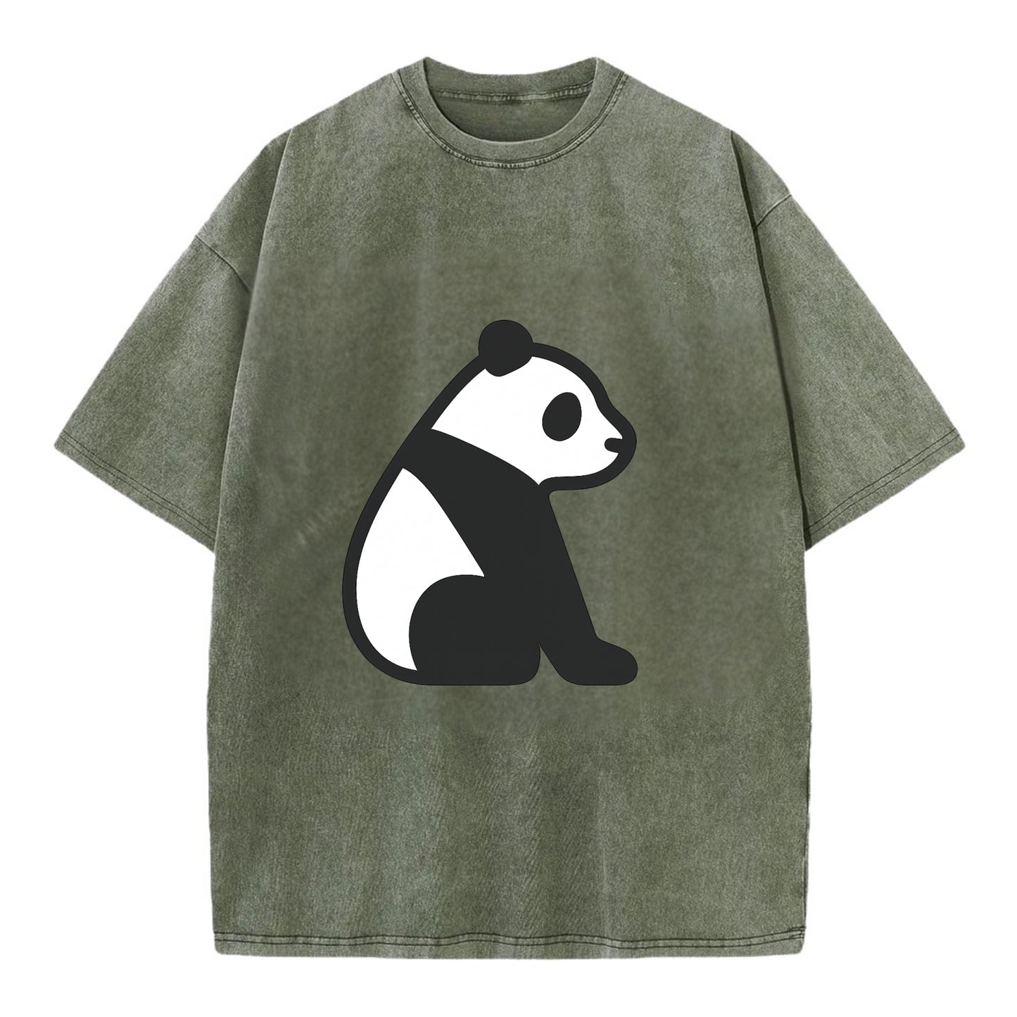 Panda - Black and white sitting pose flat side profile - Vintage T-shirt - Army Green