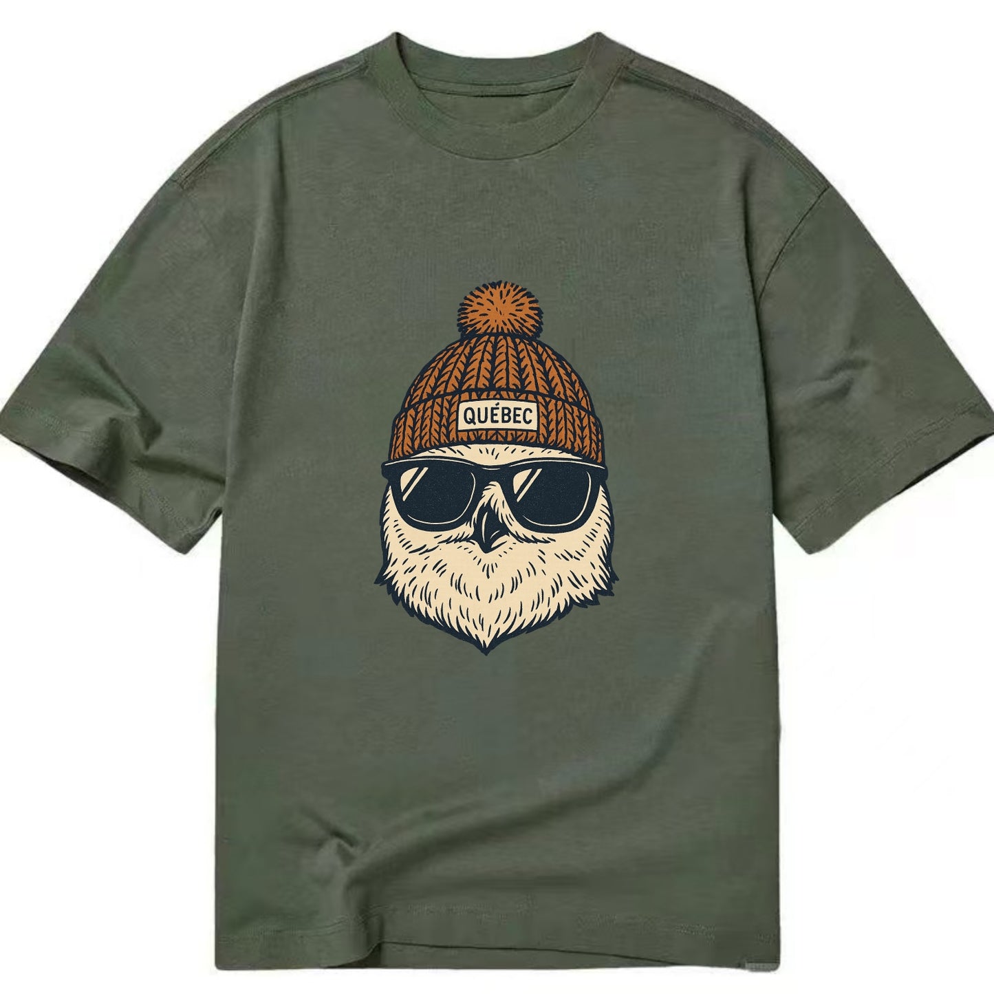 Quebec City Snowy Owl wearing Quebec beanie with pom pom and wayfarer sunglasses - Classic T-shirt - Army Green