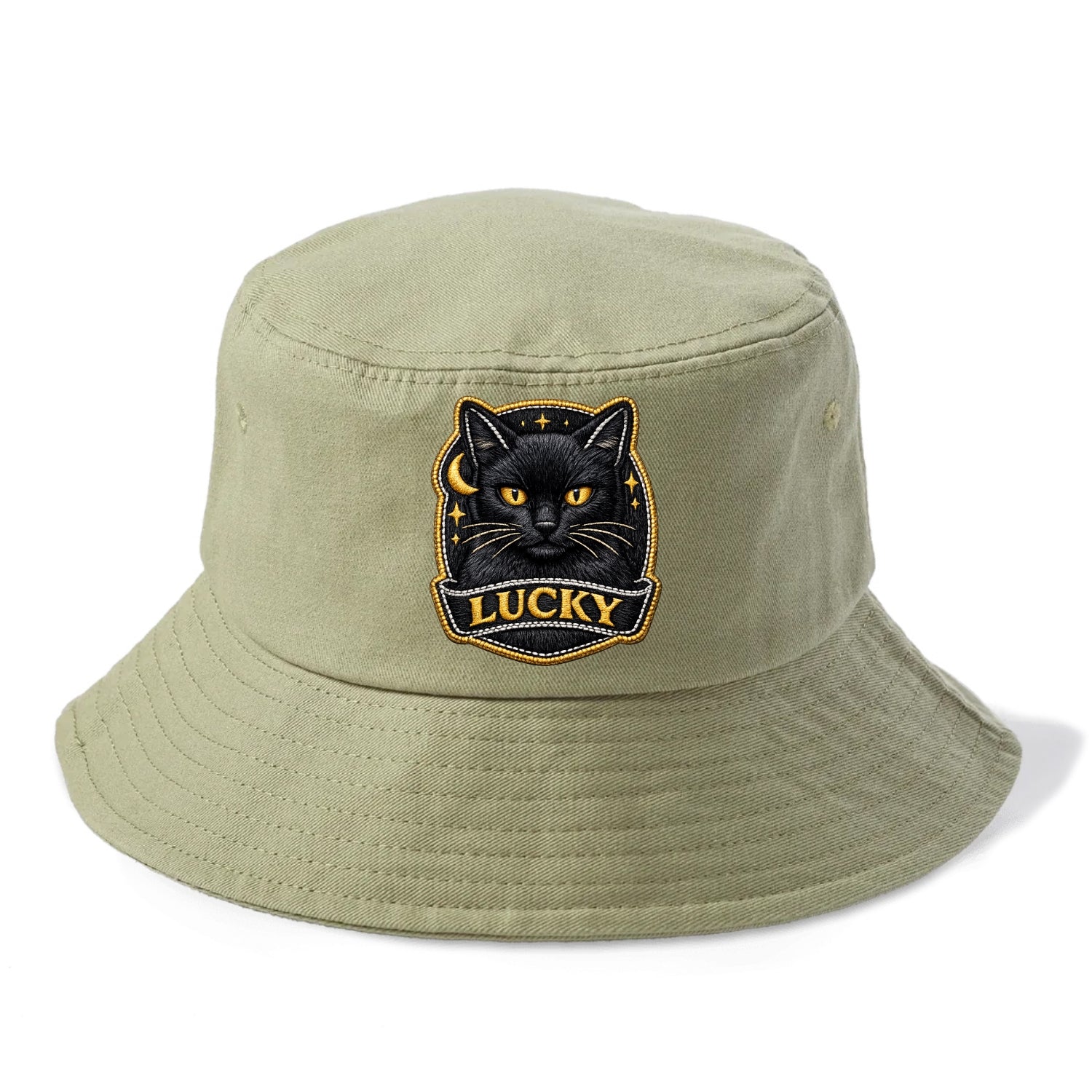 BLACK CAT LUCKY - sleek black cat with gold eyes in black , mysterious feline - Bucket Hat - Army Green