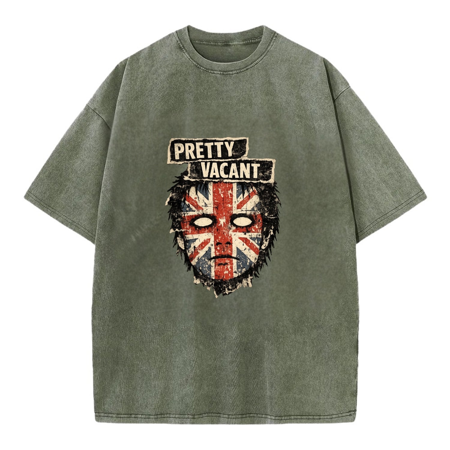 PRETTY VACANT | Blank stare Union Jack face | Empty expression | Punk nihilism | - Vintage T-shirt - Army Green
