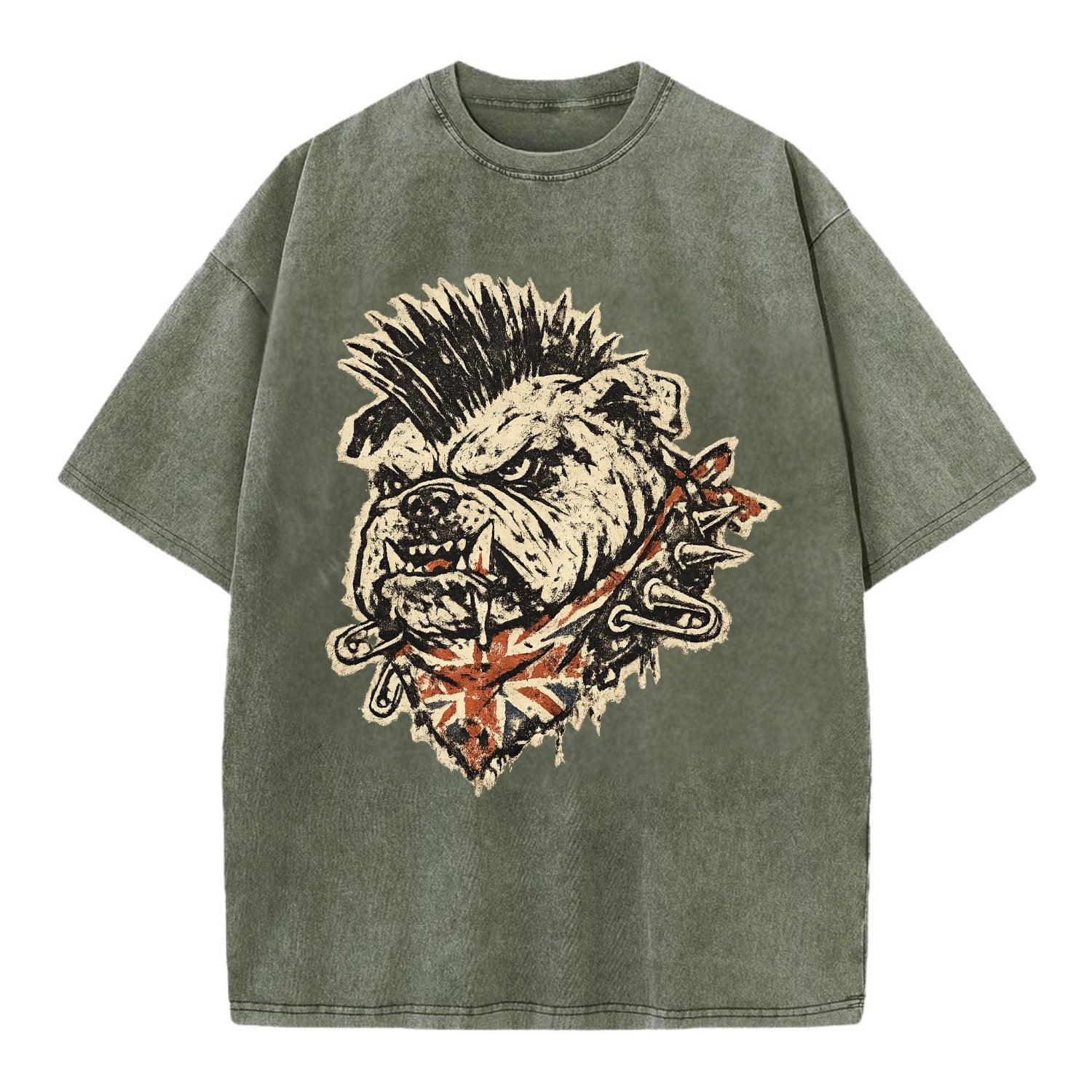 PUNK BULLDOG | British bulldog with mohawk | Safety pins through collar | Union - Vintage T-shirt - Army Green