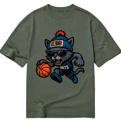 Brooklyn Cat wearing Nets beanie with street art patch and wayfarer sunglasses - Classic T-shirt - Army Green