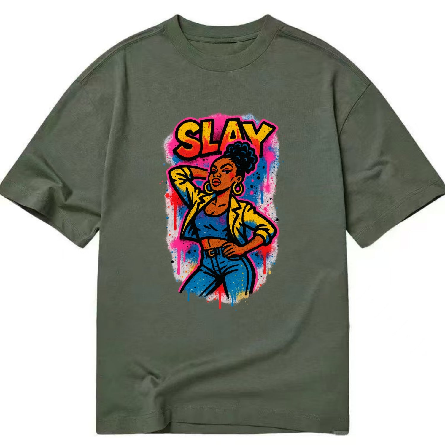 Empowered figure striking confident pose - "slay" culture, fierce and fabulous - Classic T-shirt - Army Green