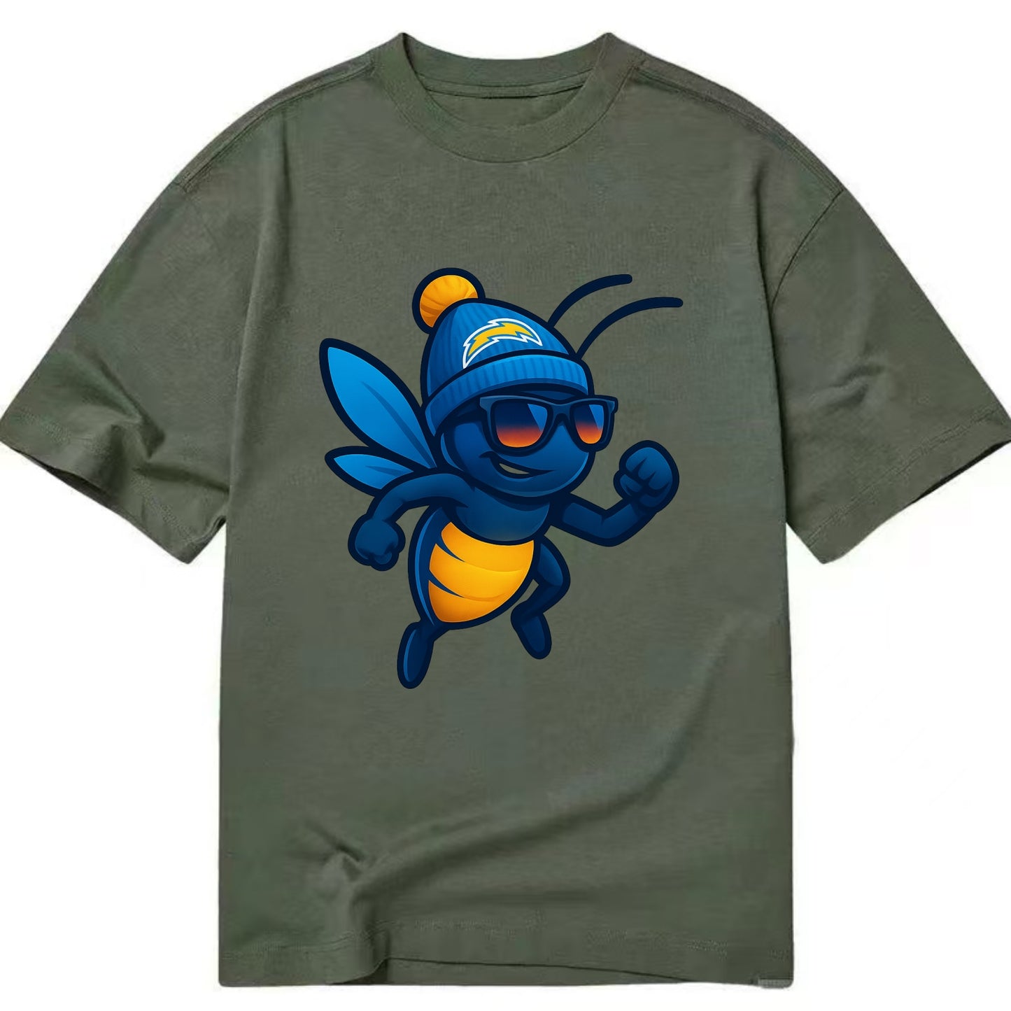 LA Lightning Bug wearing Chargers powder blue and gold beanie with pom pom and - Classic T-shirt - Army Green