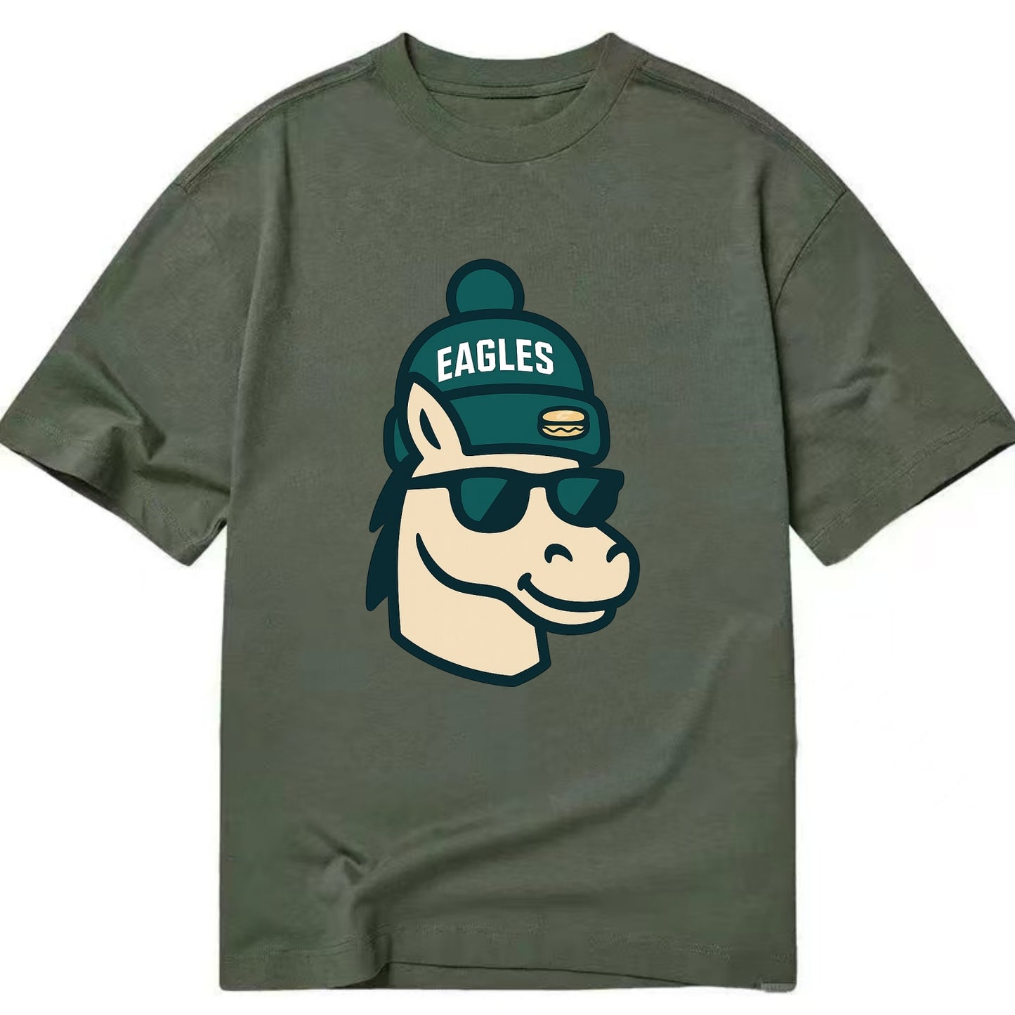 Philadelphia Horse wearing Eagles beanie with cheesesteak patch and wayfarer - Classic T-shirt - Army Green