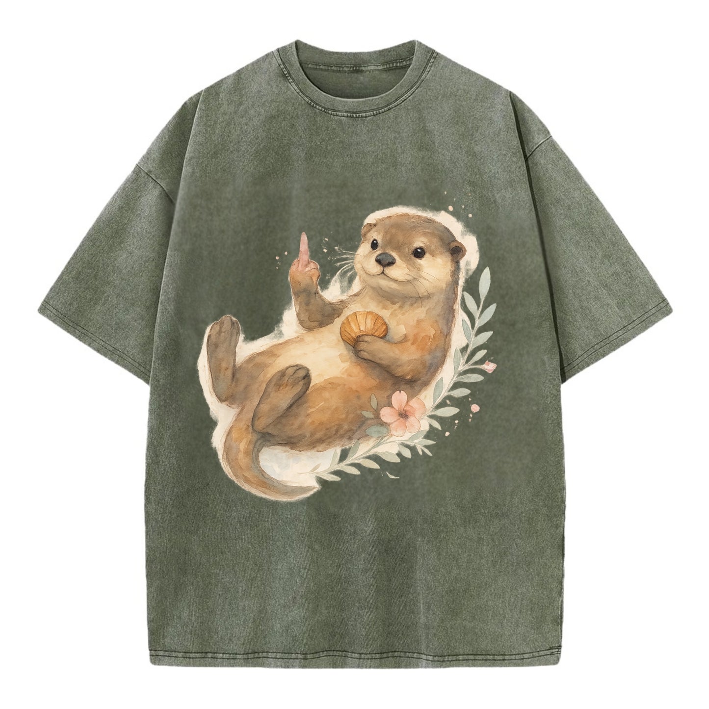 adorable otter floating on back, middle finger up while holding a shellfish - Vintage T-shirt - Army Green