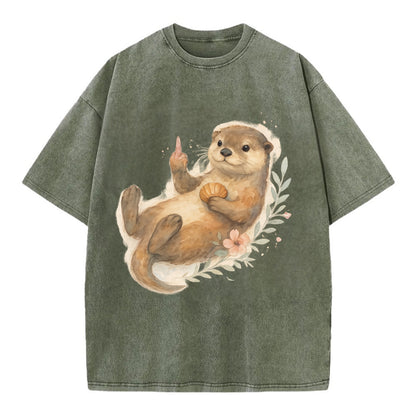 adorable otter floating on back, middle finger up while holding a shellfish - Vintage T-shirt - Army Green
