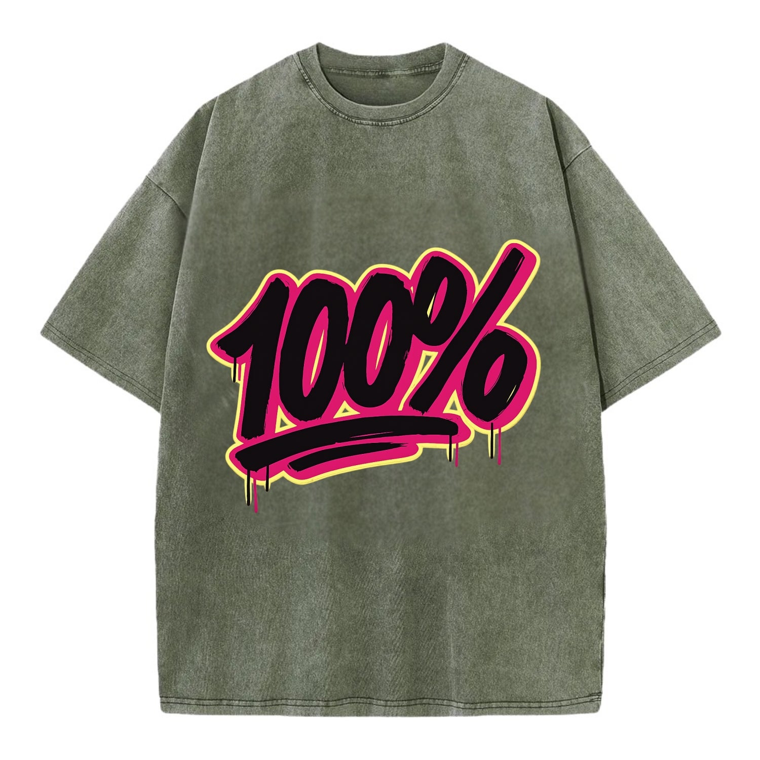 Bold typography design - "100%" - all in, fully committed - Vintage T-shirt - Army Green