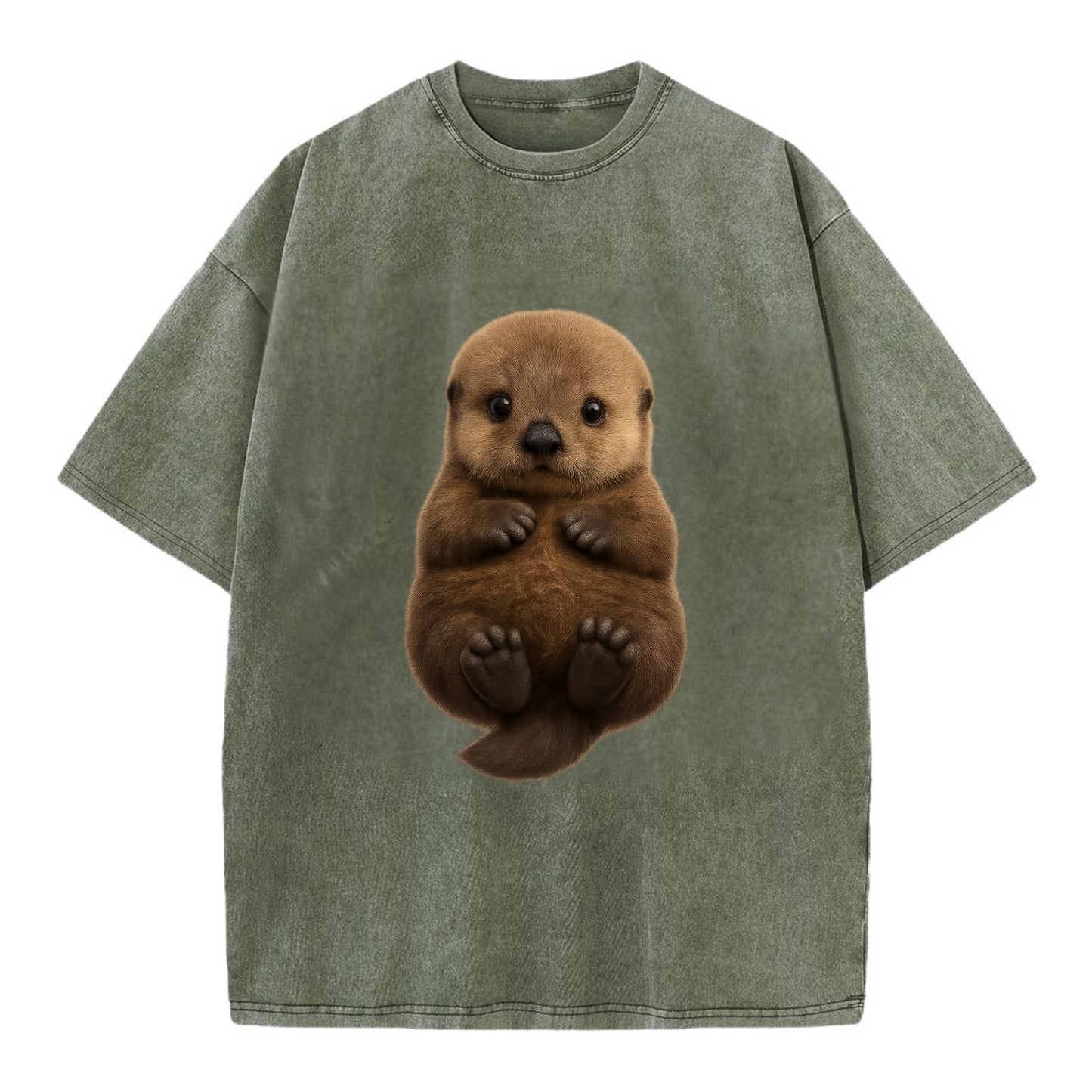 Baby Sea Otter - brown fluffy, floating on back, tiny paws, bright eyes, - Vintage T-shirt - Army Green