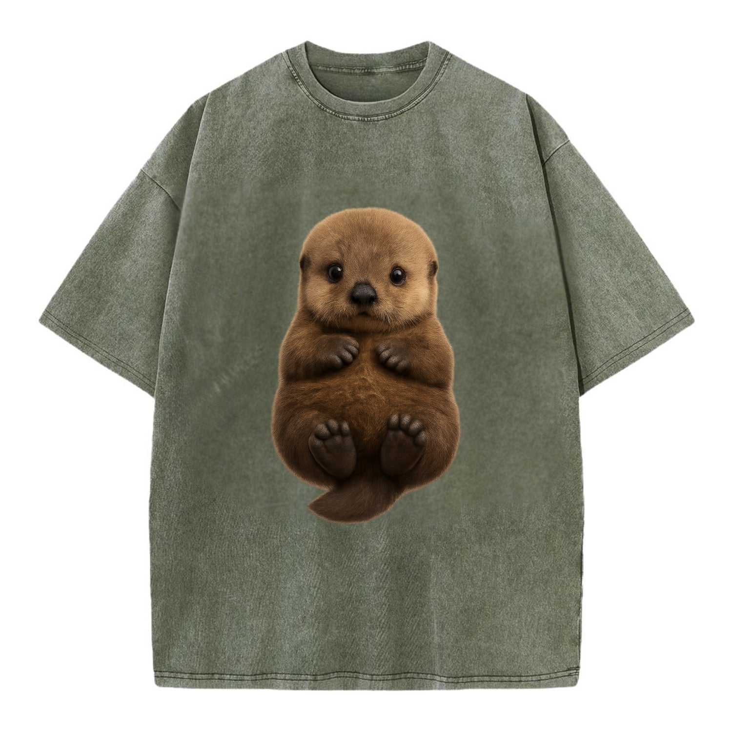 Baby Sea Otter - brown fluffy, floating on back, tiny paws, bright eyes, - Vintage T-shirt - Army Green