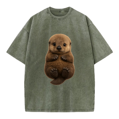 Baby Sea Otter - brown fluffy, floating on back, tiny paws, bright eyes, - Vintage T-shirt - Army Green