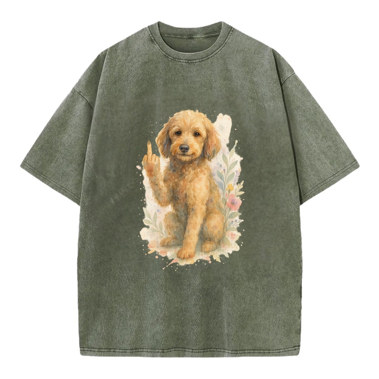 Labradoodle hypoallergenic with wavy coat, intelligent eyes, paw raised - Vintage T-shirt - Army Green