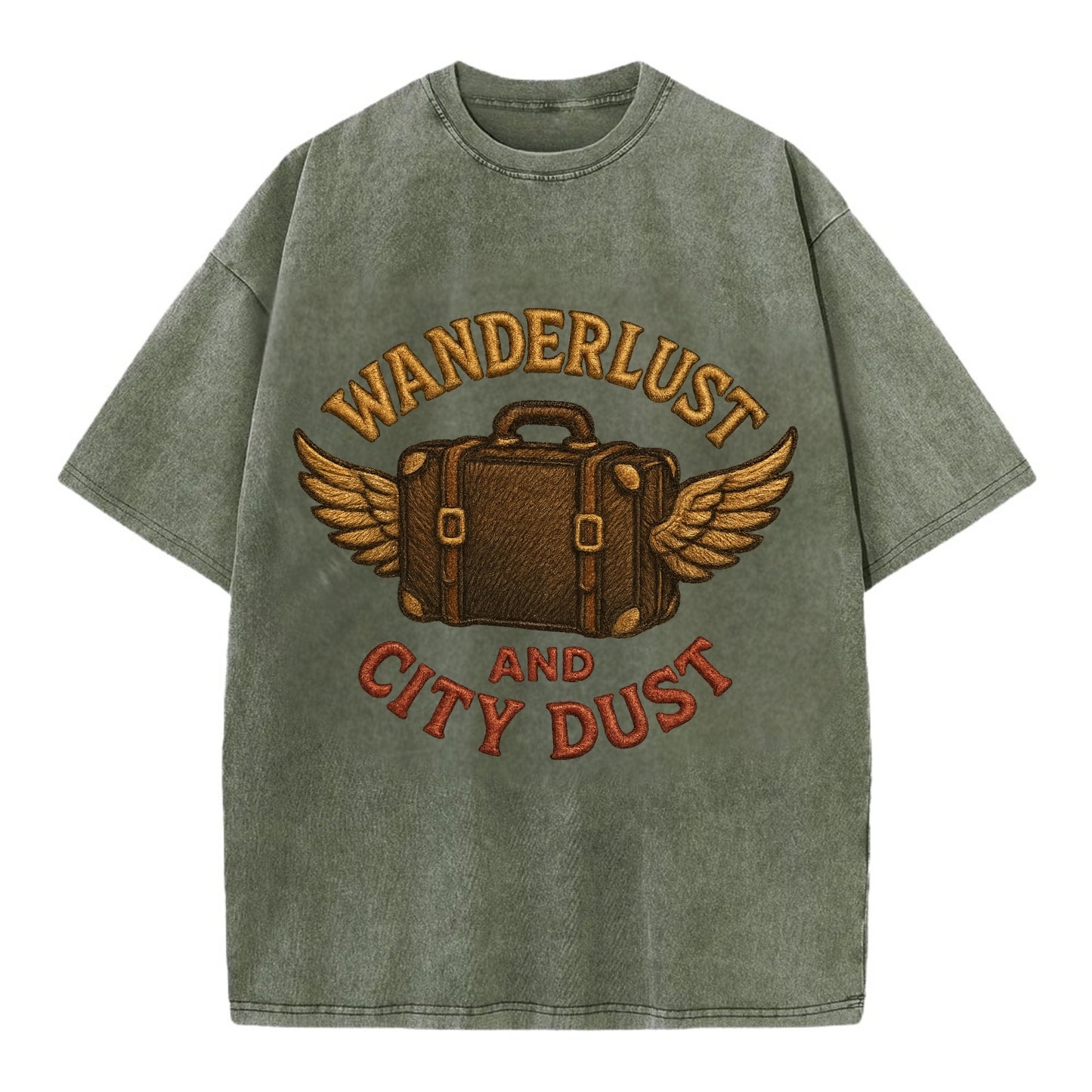 Wanderlust And City Dust  - Vintage T-shirt - Army Green