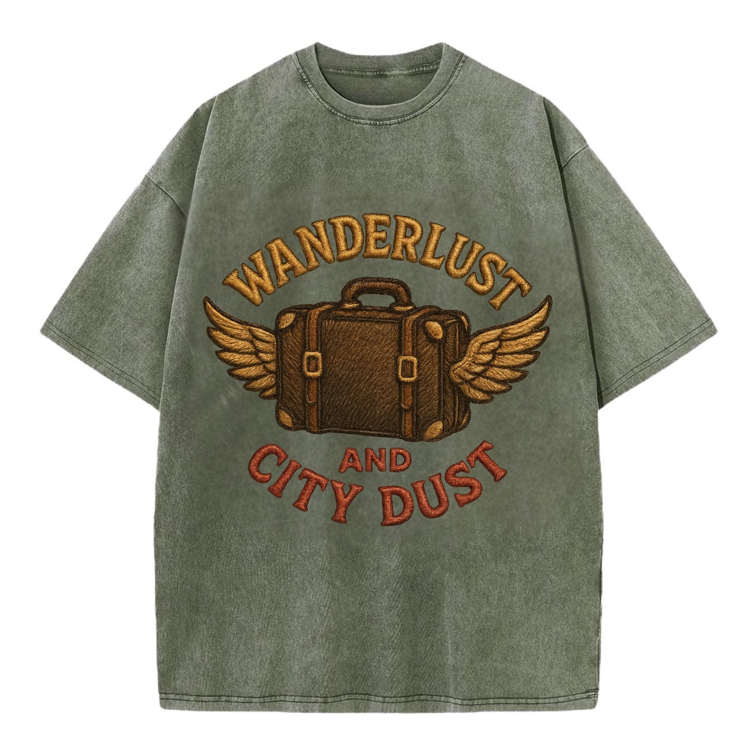 Wanderlust And City Dust  - Vintage T-shirt - Army Green