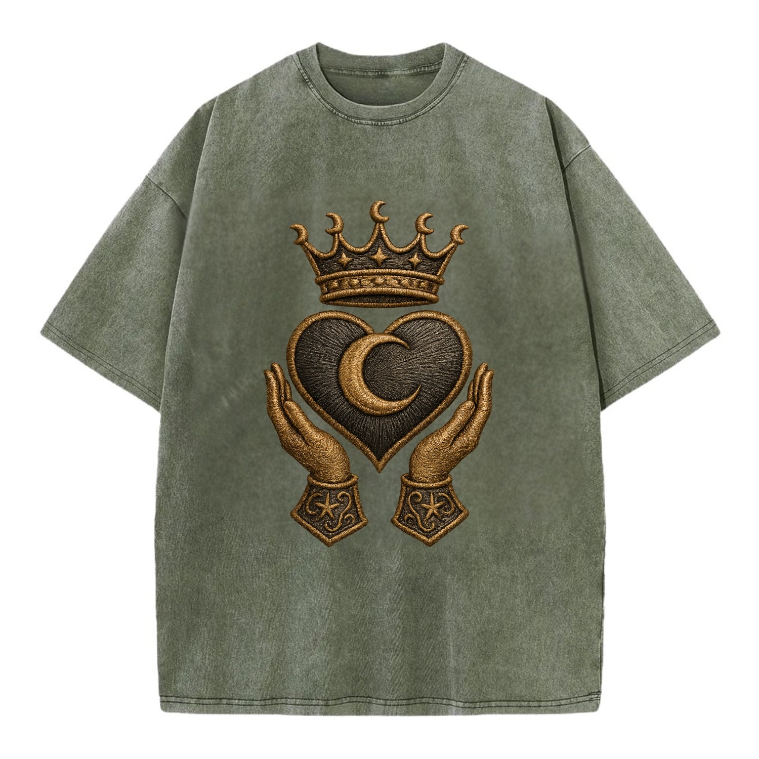 Moonlit crescent crown cradling a hematite heart with stargazer hands cupped - Vintage T-shirt - Army Green