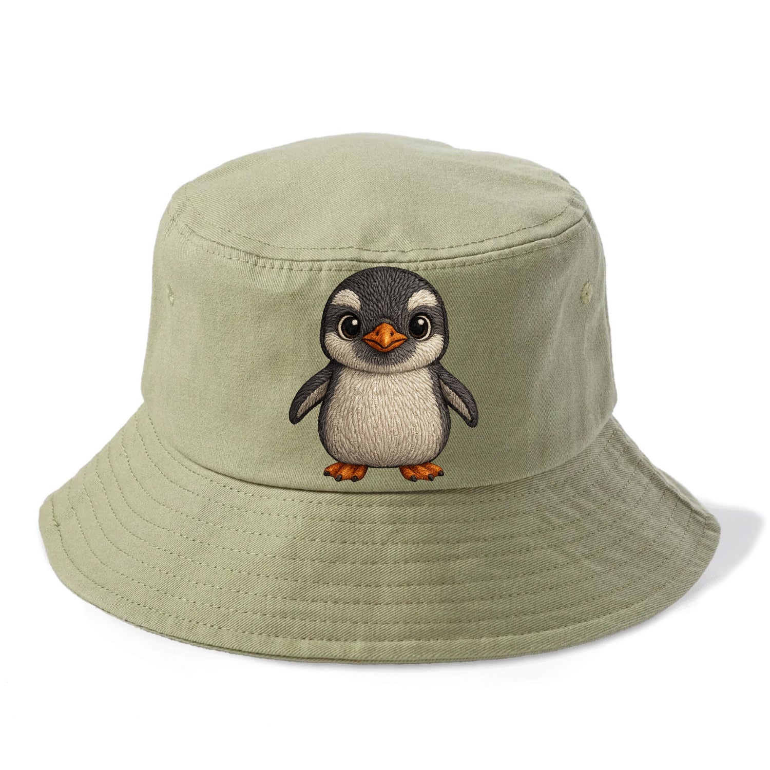 Baby Gentoo Penguin - orange beak, white cap, bright eyes, front-facing, energetic - Bucket Hat - Army Green