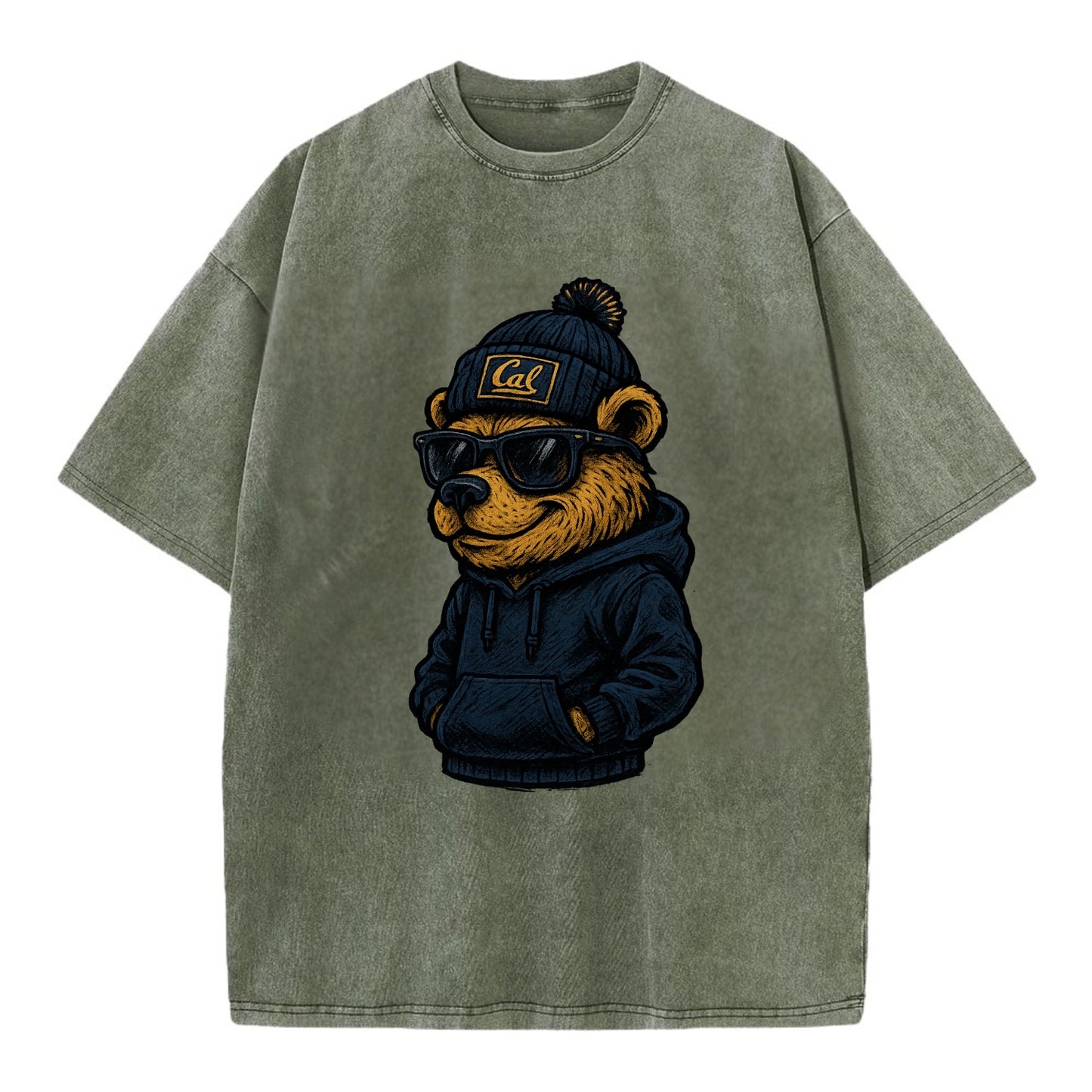Berkeley Bear wearing Cal beanie with script patch - Vintage T-shirt - Army Green