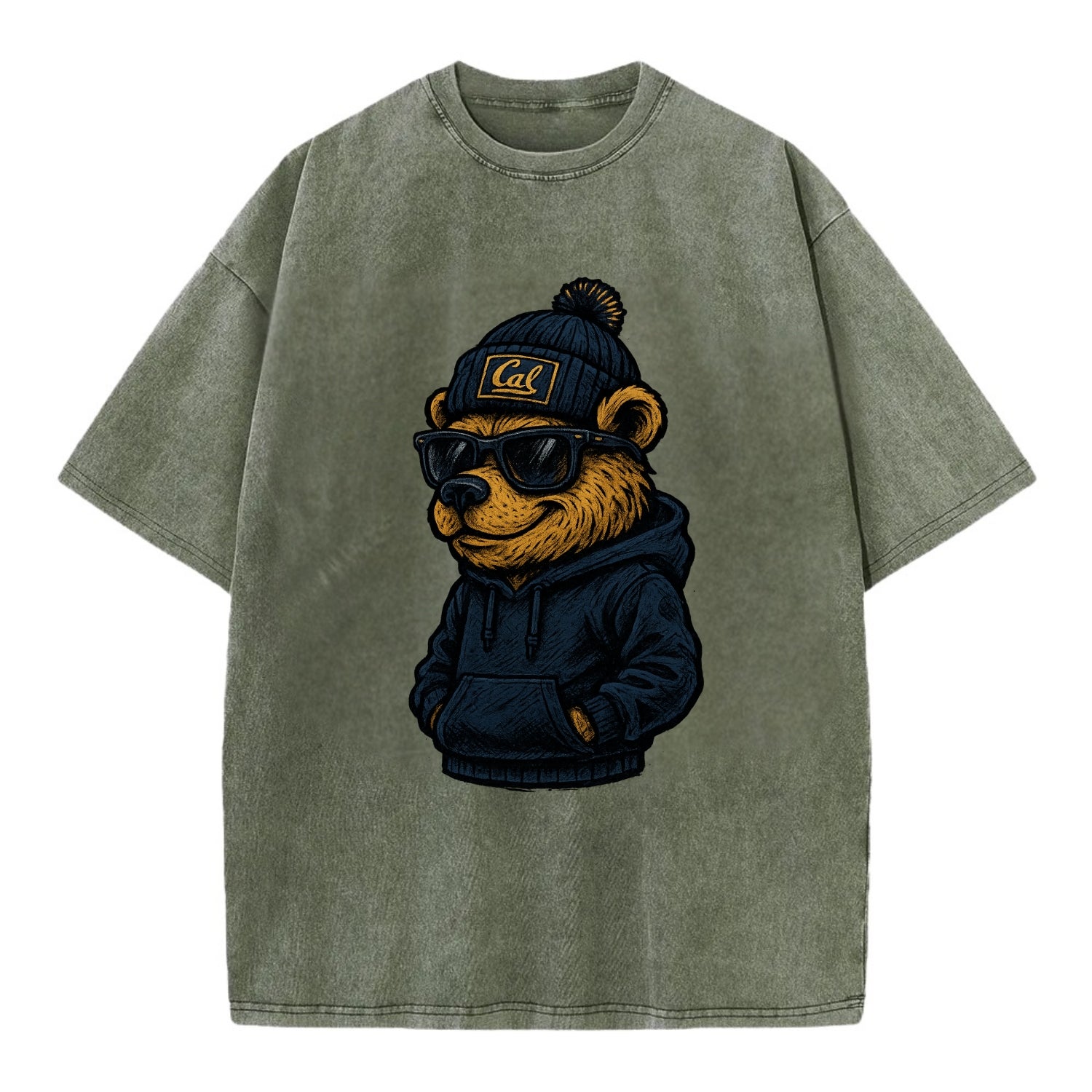Berkeley Bear wearing Cal beanie with script patch - Vintage T-shirt - Army Green