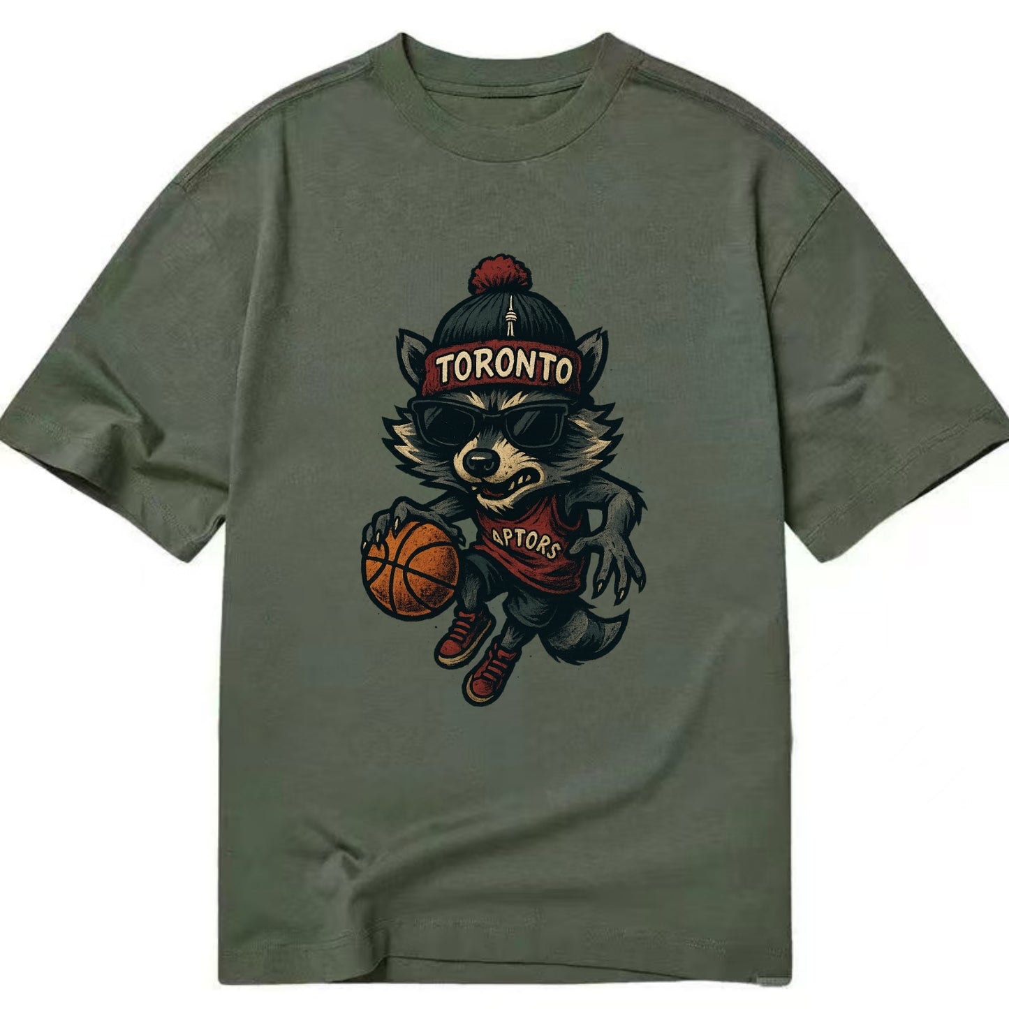 Toronto Raccoon wearing Raptors beanie with CN Tower patch and wayfarer sunglasses - Classic T-shirt - Army Green