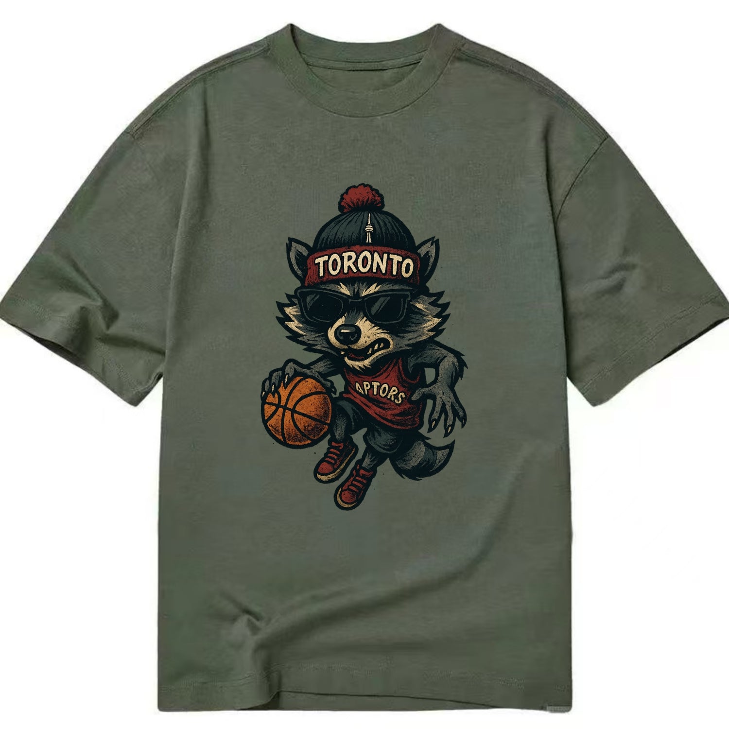 Toronto Raccoon wearing Raptors beanie with CN Tower patch and wayfarer sunglasses - Classic T-shirt - Army Green