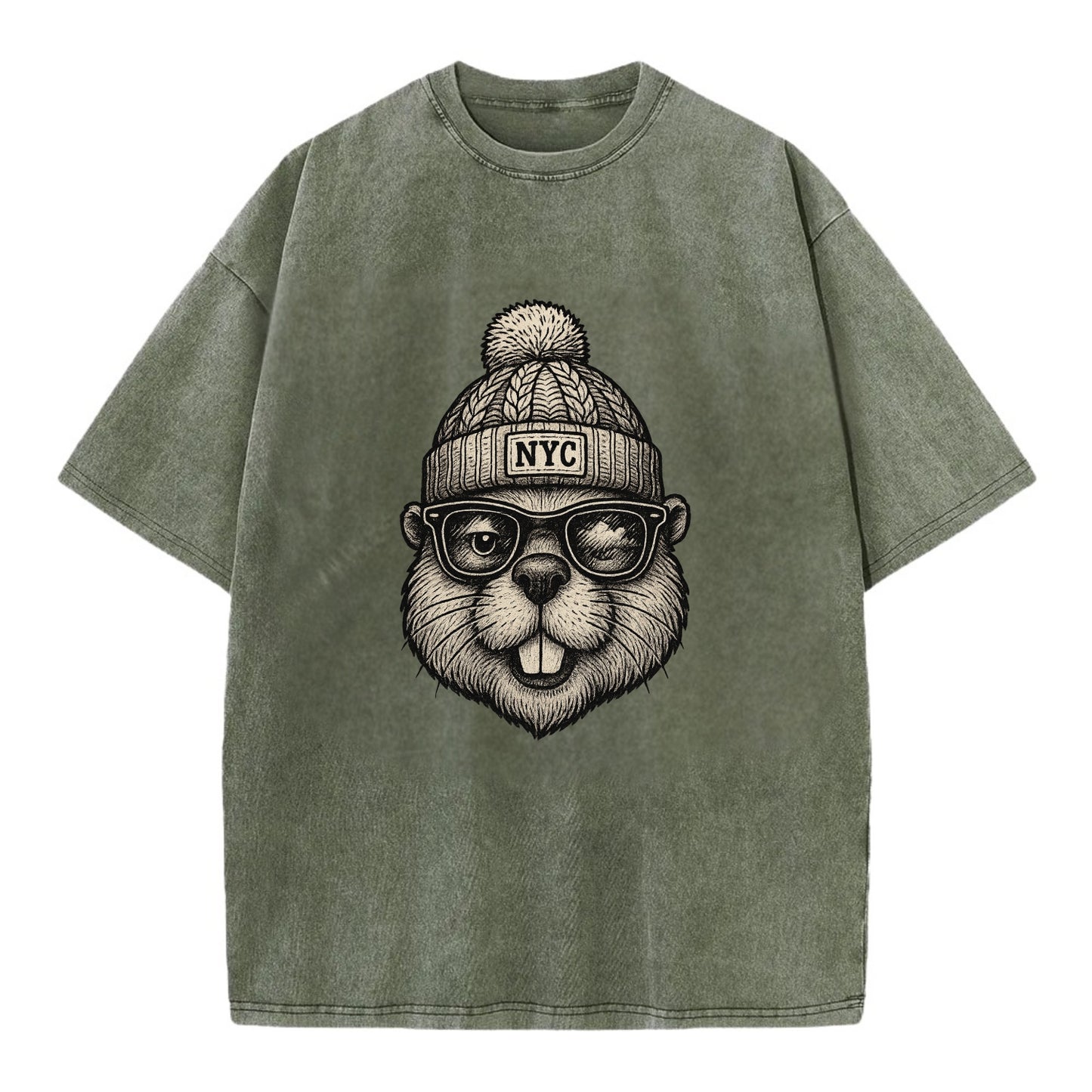 New York Beaver wearing NYC beanie with pom pom and wayfarer sunglasses - Vintage T-shirt - Army Green