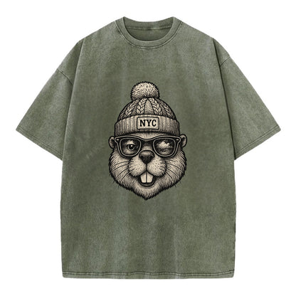 New York Beaver wearing NYC beanie with pom pom and wayfarer sunglasses - Vintage T-shirt - Army Green