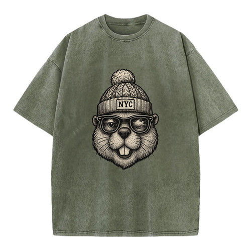 New York Beaver wearing NYC beanie with pom pom and wayfarer sunglasses - Vintage T-shirt