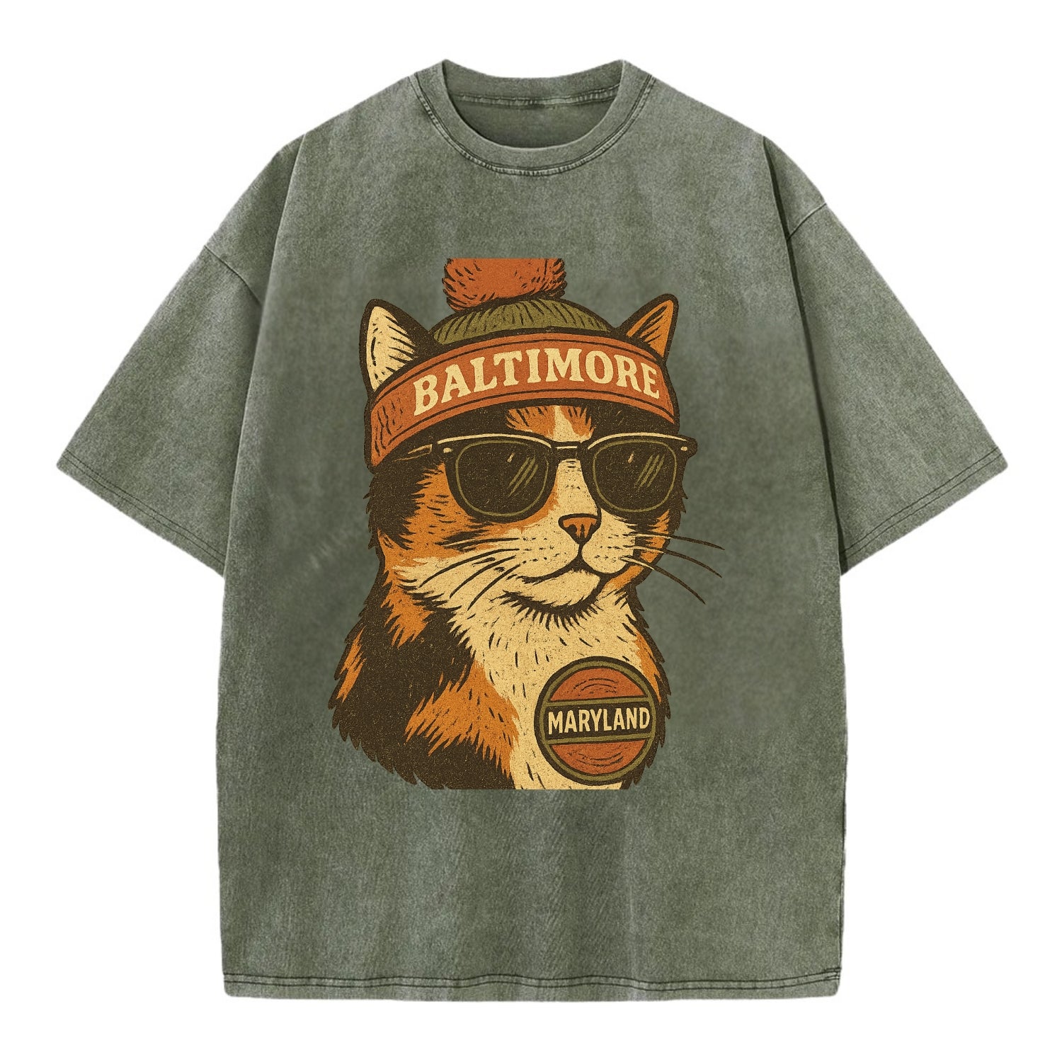 Maryland Calico Cat wearing Baltimore beanie with pom pom and wayfarer sunglasses - Vintage T-shirt - Army Green