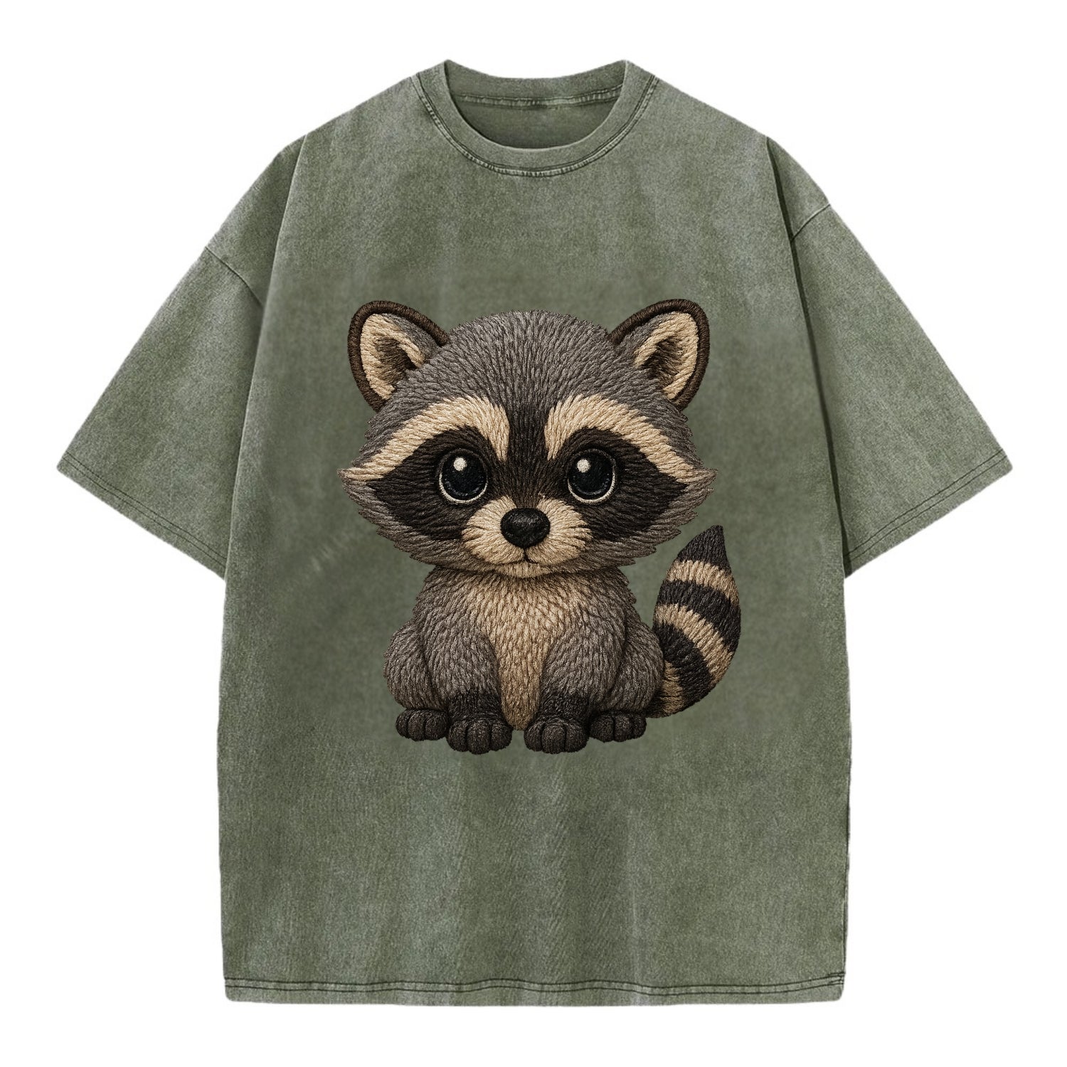 Baby Raccoon - gray fur, black mask, ringed tail, bright curious eyes, - Vintage T-shirt - Army Green