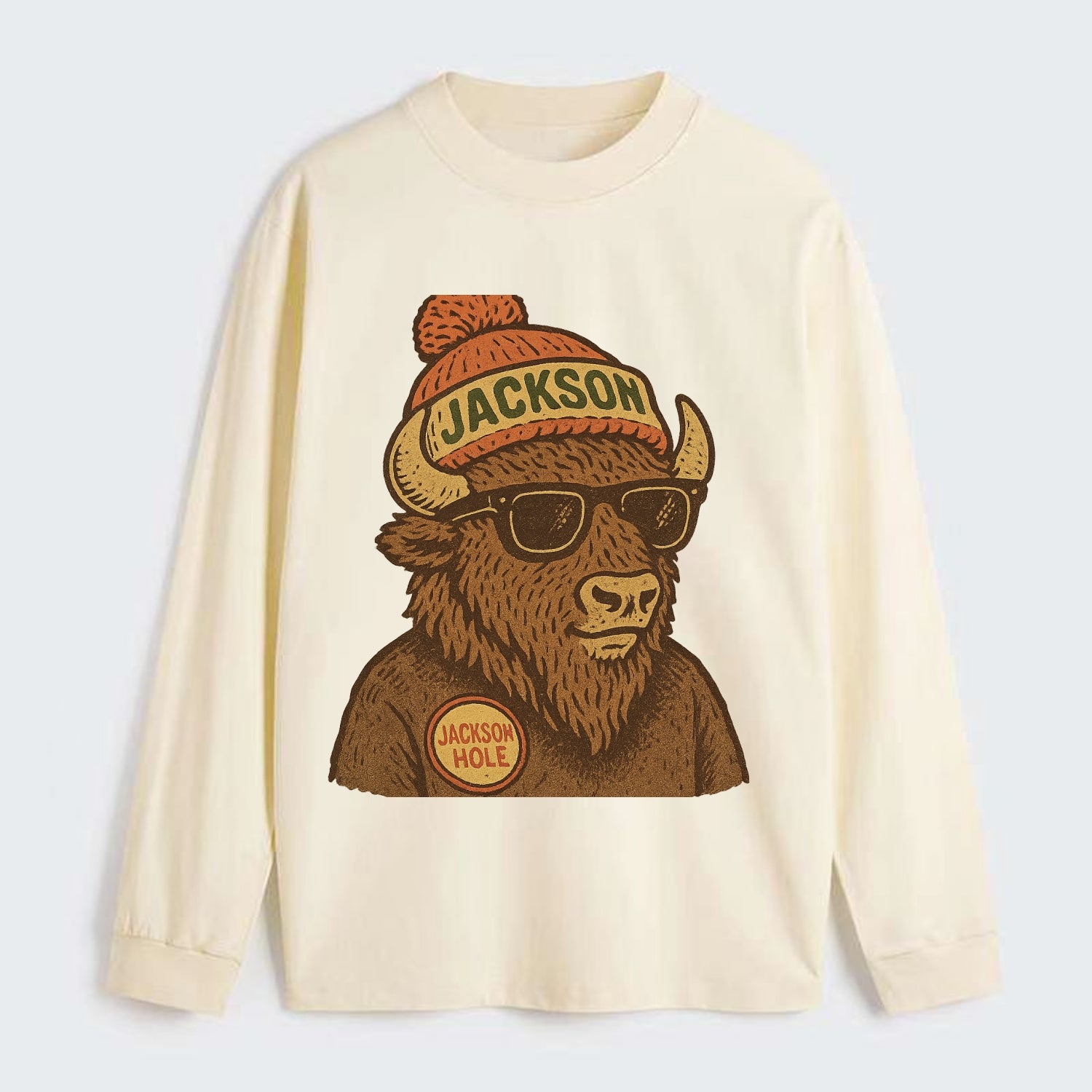 Jackson Hole Bison wearing Jackson beanie with pom pom and wayfarer - Classic Long Sleeve Shirt - Beige