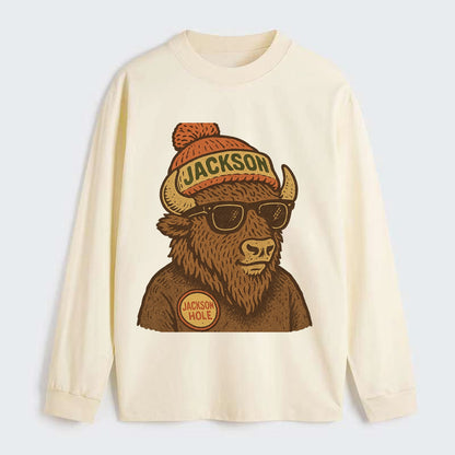 Jackson Hole Bison wearing Jackson beanie with pom pom and wayfarer - Classic Long Sleeve Shirt - Beige