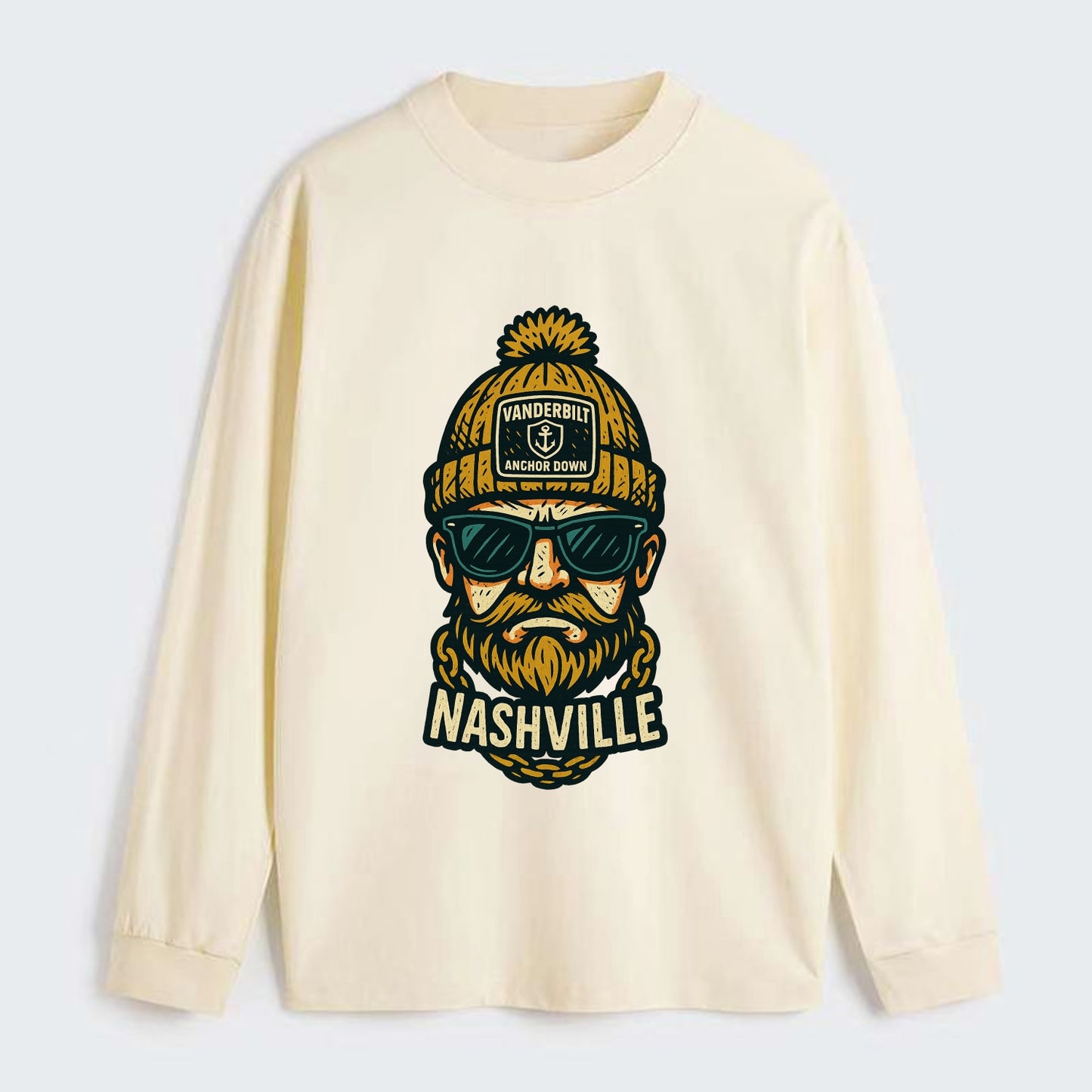Nashville Commodore wearing Vanderbilt beanie with anchor patch - Classic Long Sleeve Shirt - Beige