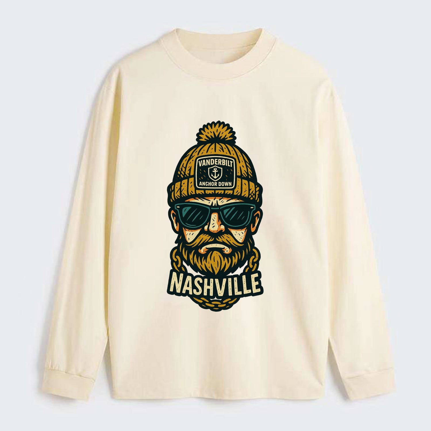 Nashville Commodore wearing Vanderbilt beanie with anchor patch - Classic Long Sleeve Shirt - Beige