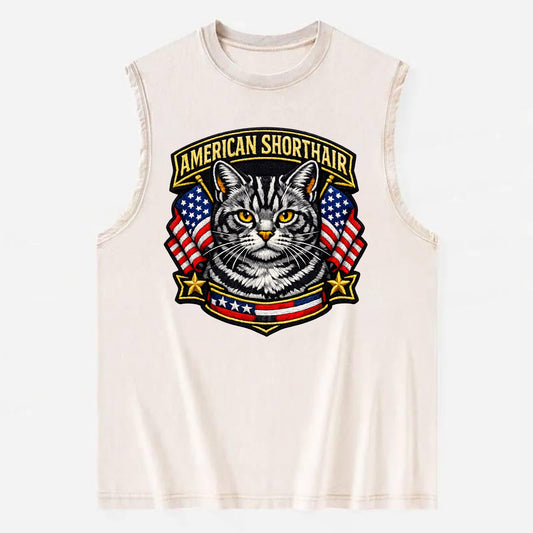 AMERICAN SHORTHAIR - classic american cat in silver tabby , all-American cat - Vintage Washed Tank - Beige