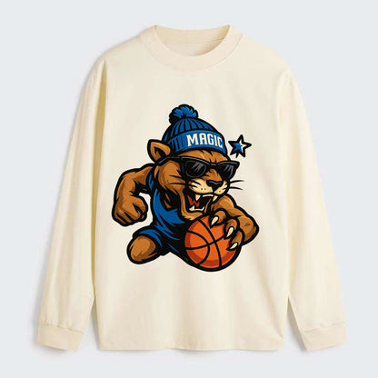 Florida Panther wearing Magic beanie with star wand patch and wayfarer - Classic Long Sleeve Shirt - Beige
