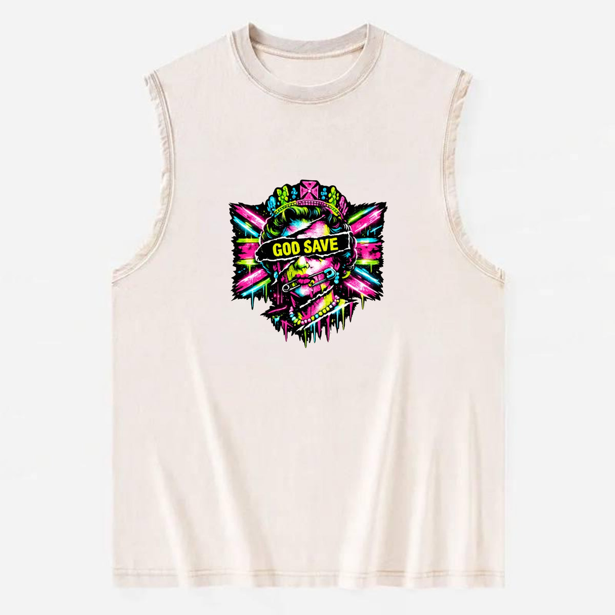 GOD SAVE | Torn royal portrait style | Blackout bar across eyes | Safety pin - Vintage Washed Tank - Beige